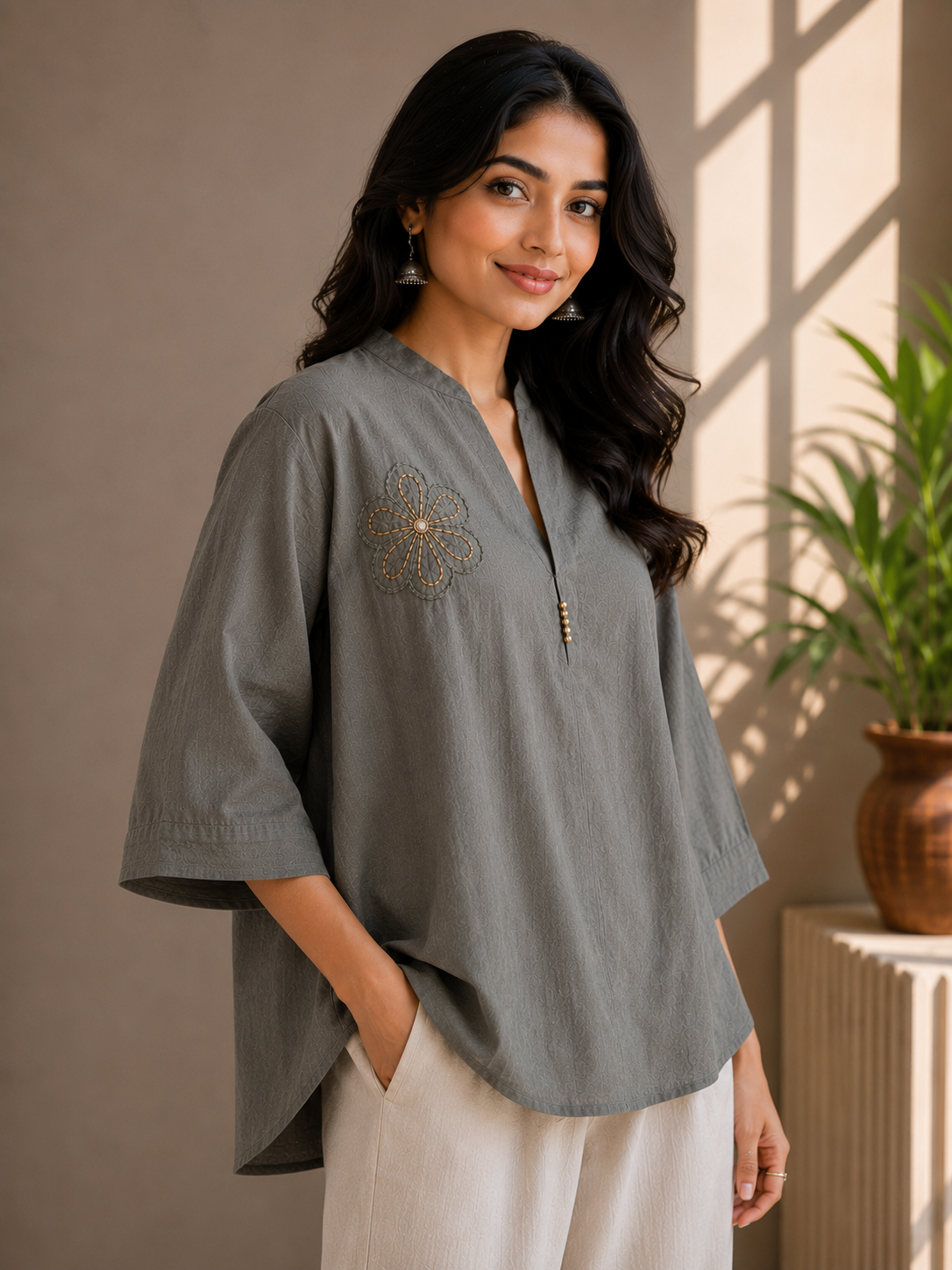Dusty Olive Pearl Embroidery Top