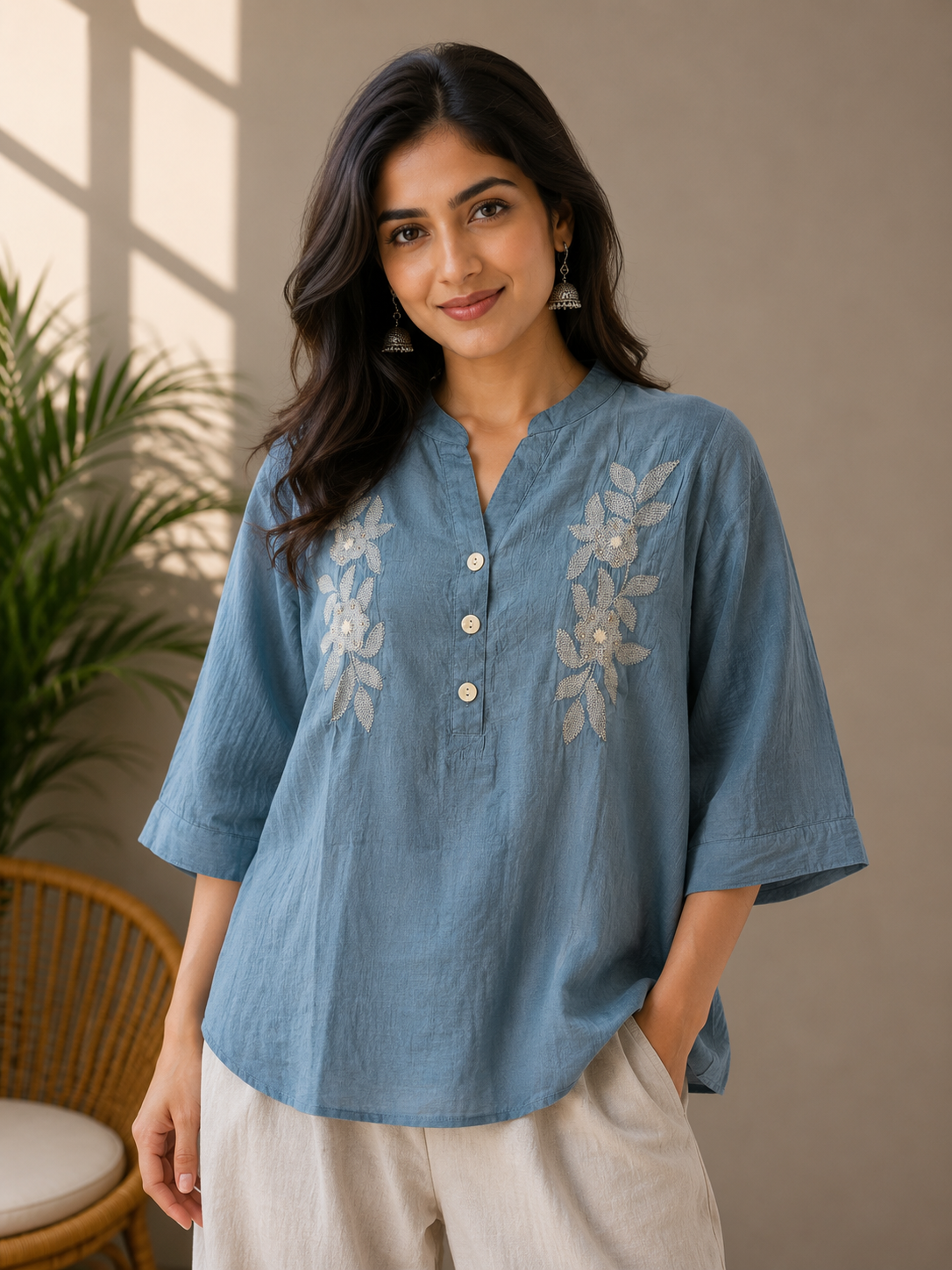 Teal Blue Embroidery Top