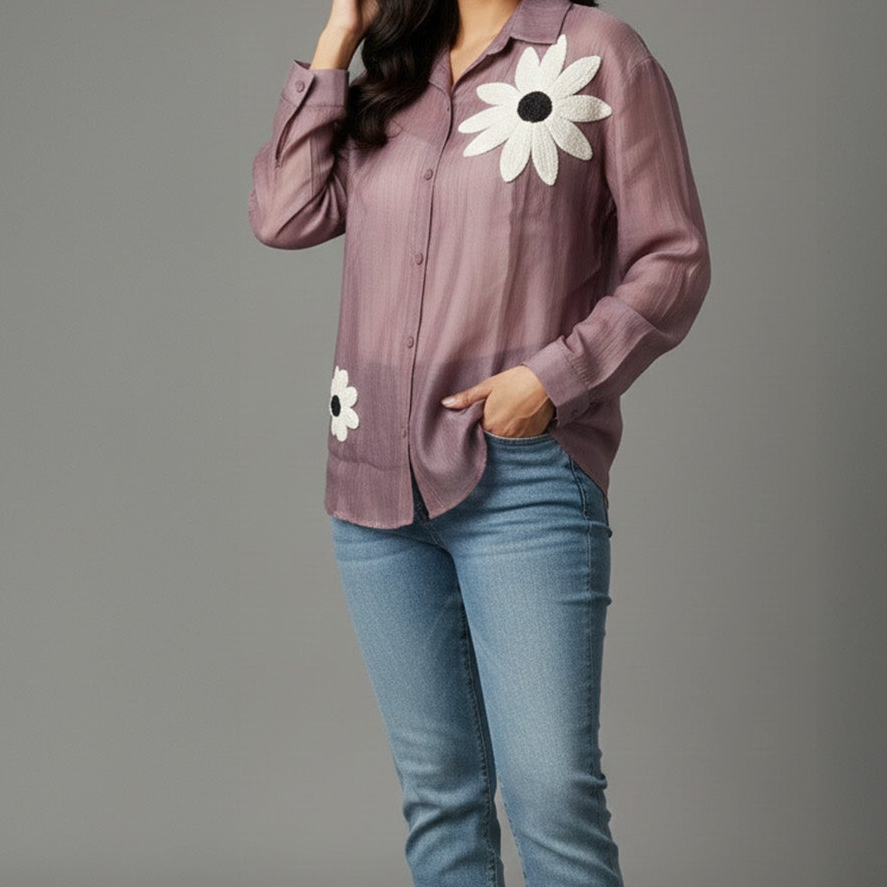 Person wearing a mauve shirt with white flower designs and blue jeans on a gray background