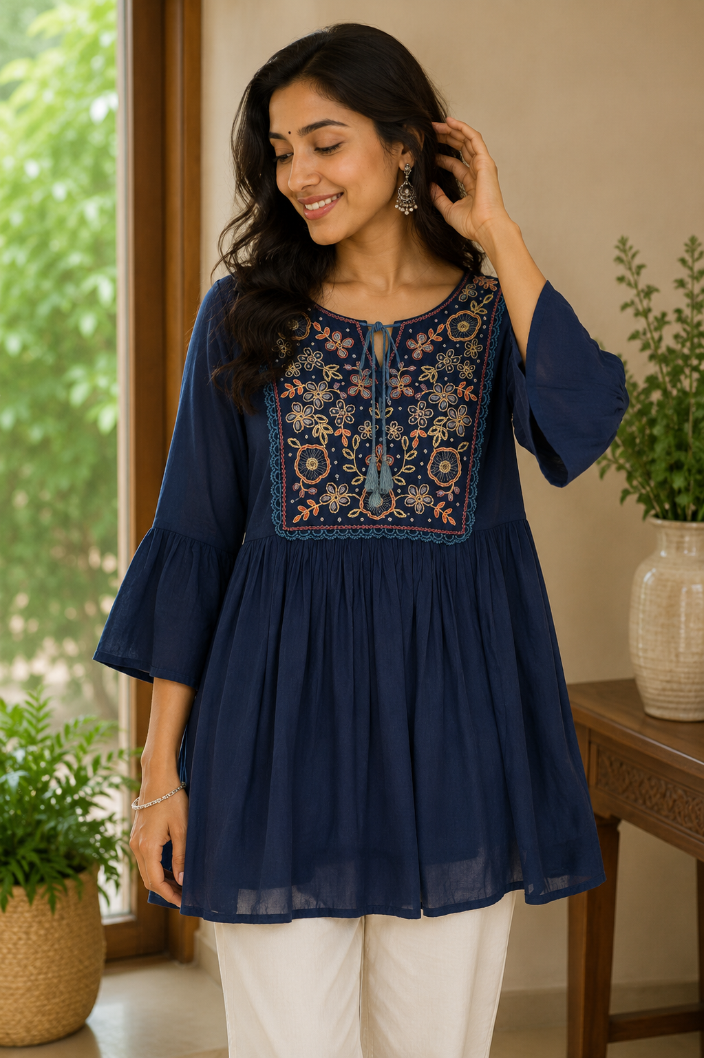 Blue Floral Embroidery Top