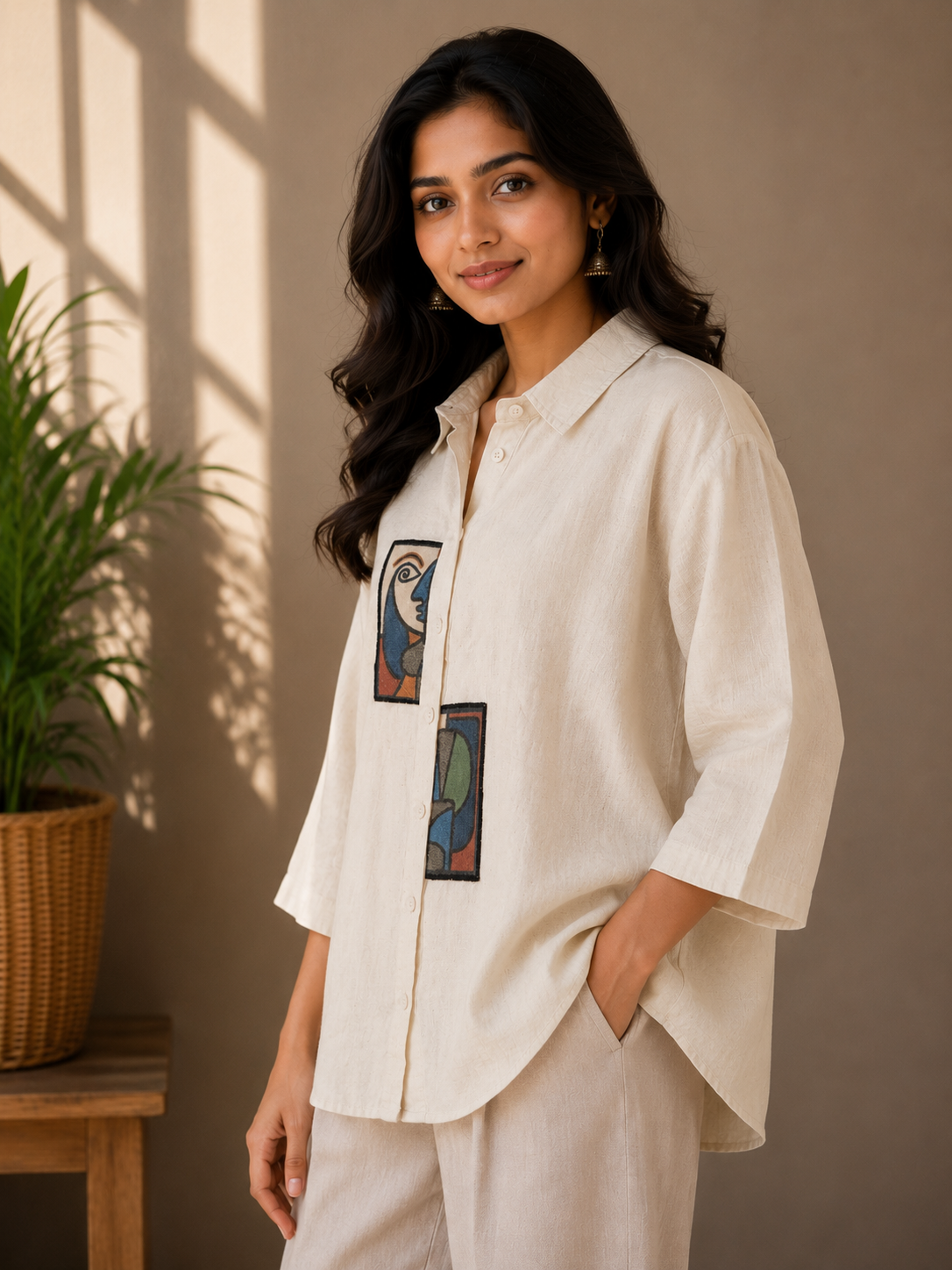 Cream Patch Linen Cotton Shirt