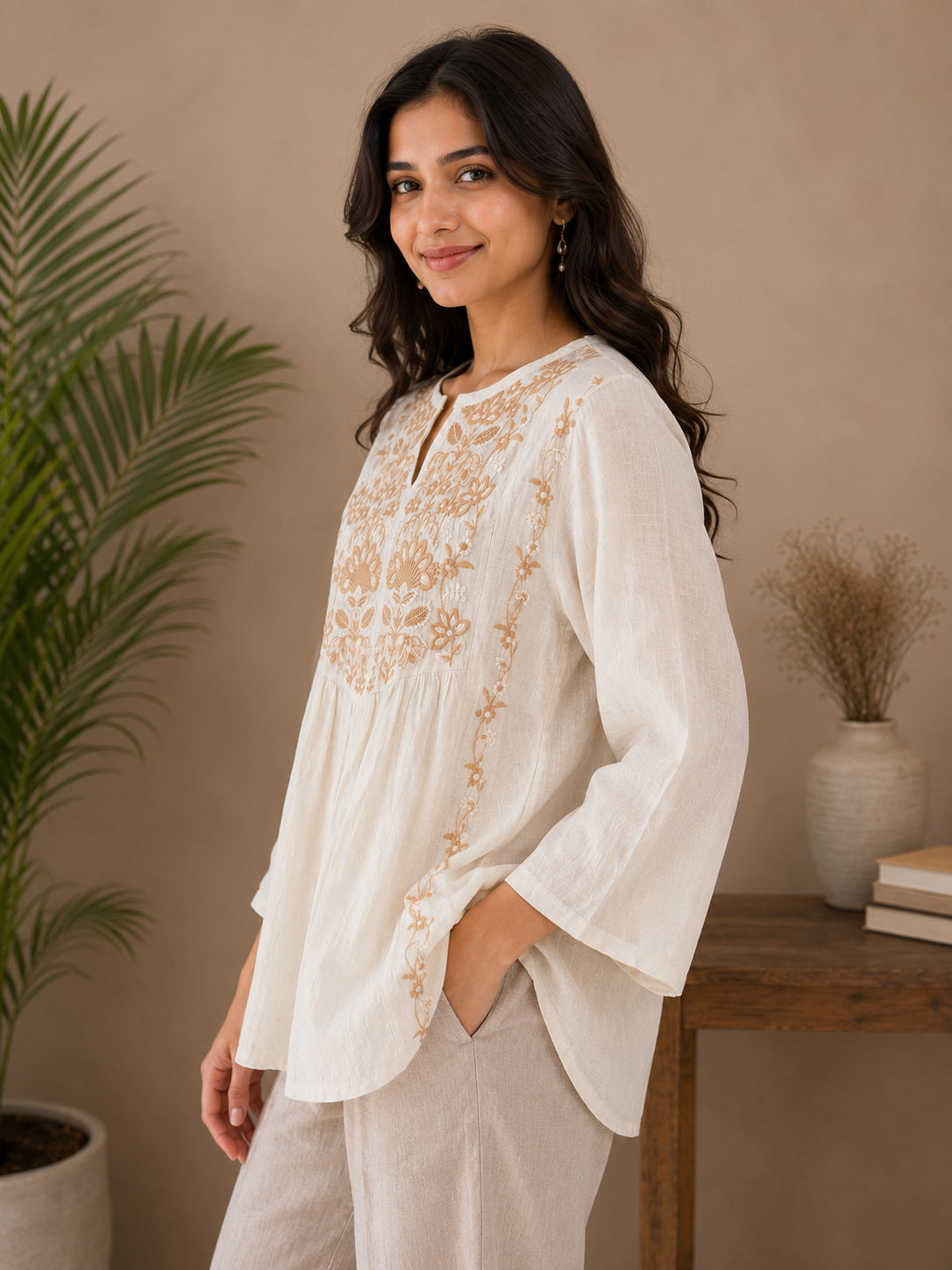 Cream Neck Embroidery Top