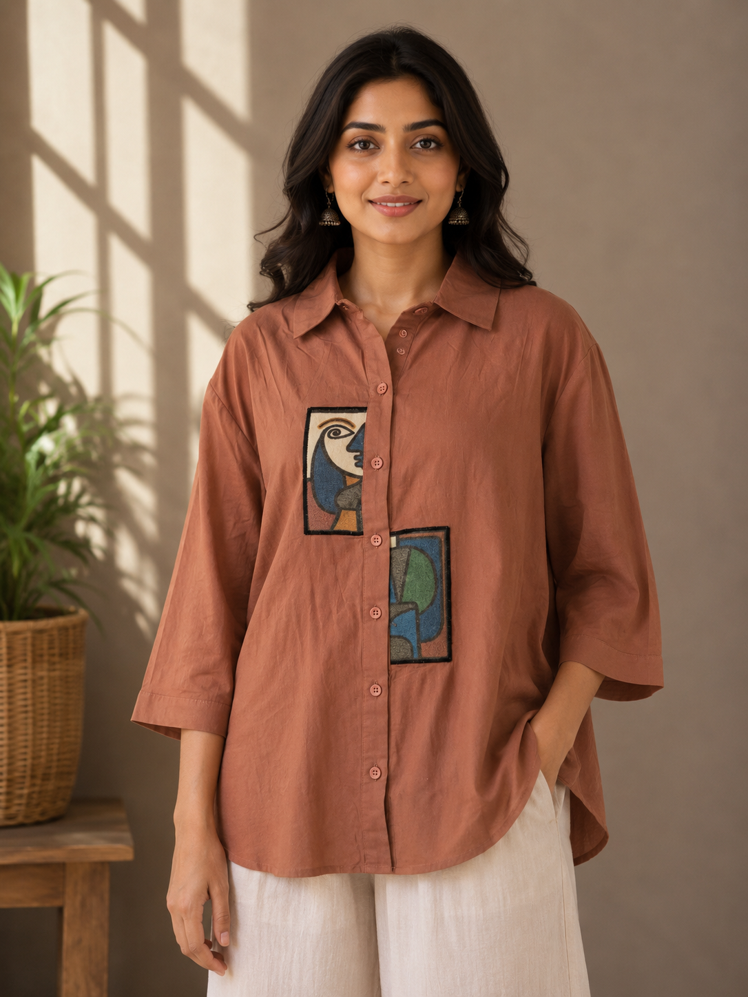 Brown Patch Linen Cotton Shirt