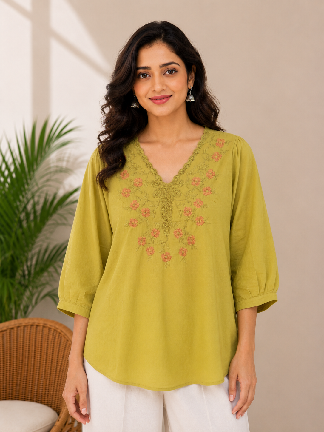 Green Flower Embroidery Top