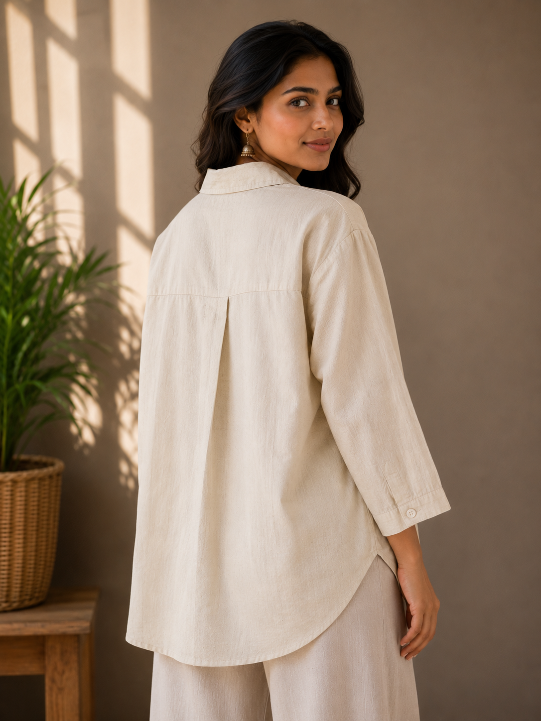 Cream Patch Linen Cotton Shirt