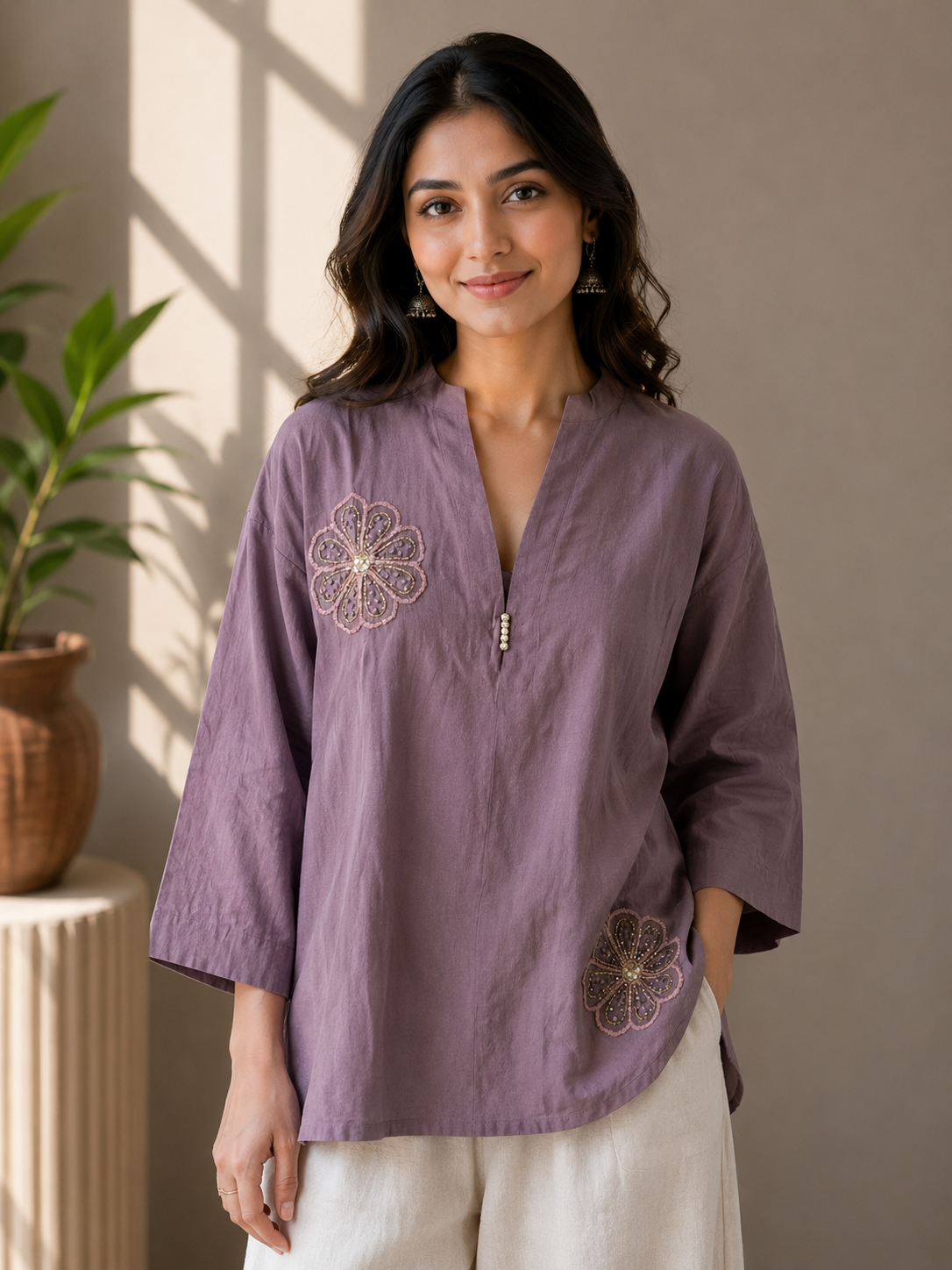 Dusty Rose Pearl Embroidery Top
