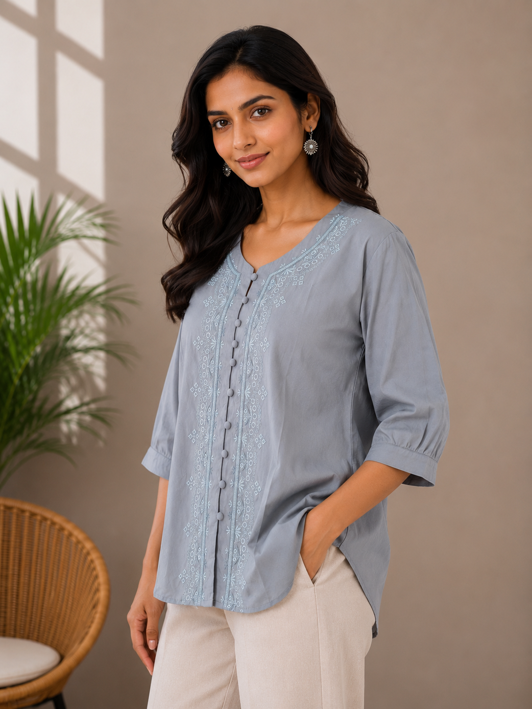 Slate Blue Self Embriodery Shirt