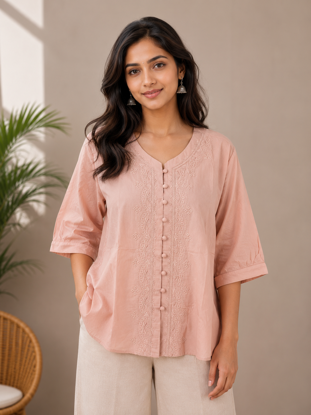 Dusty Pink Self Embroidery Shirt