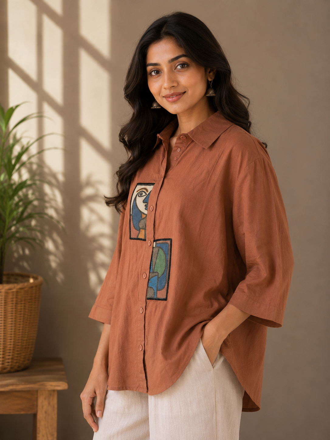 Brown Patch Linen Cotton Shirt