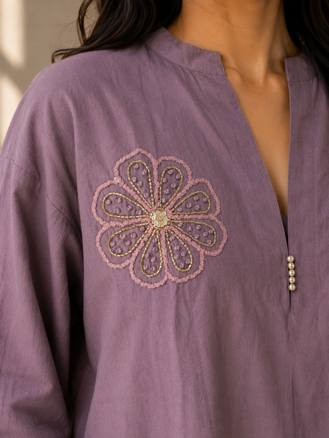 Dusty Rose Pearl Embroidery Top