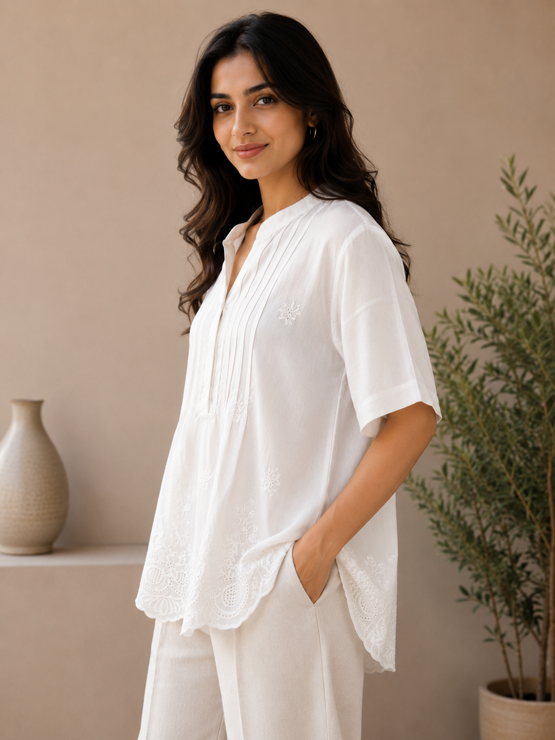 White Strip Top With Floral Embroidery