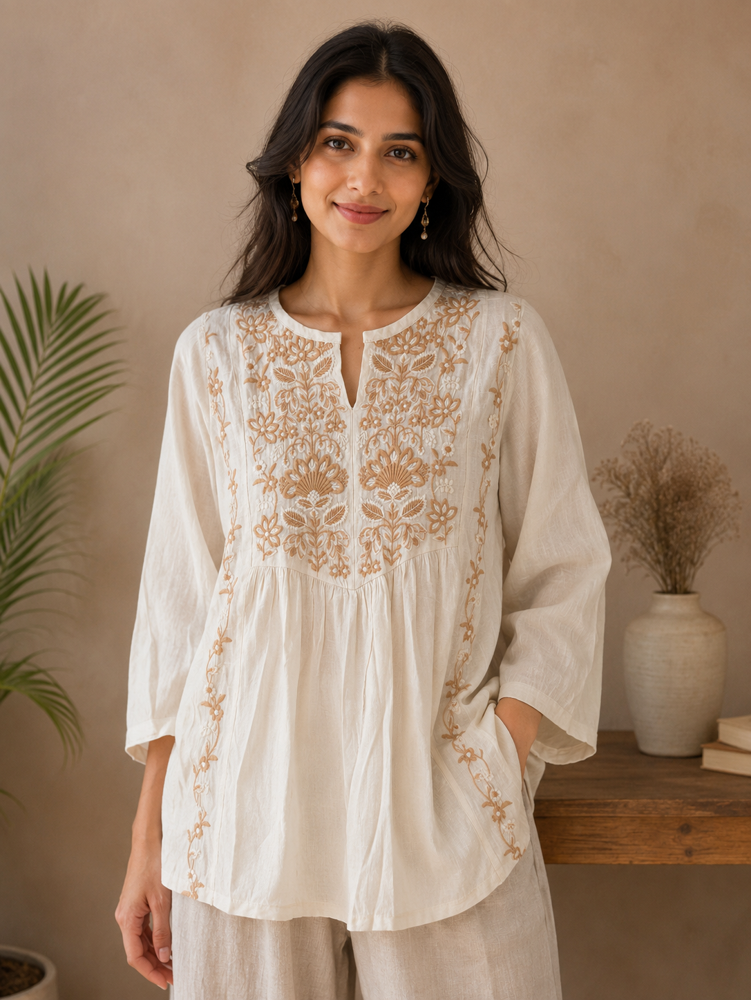 Cream Neck Embroidery Top