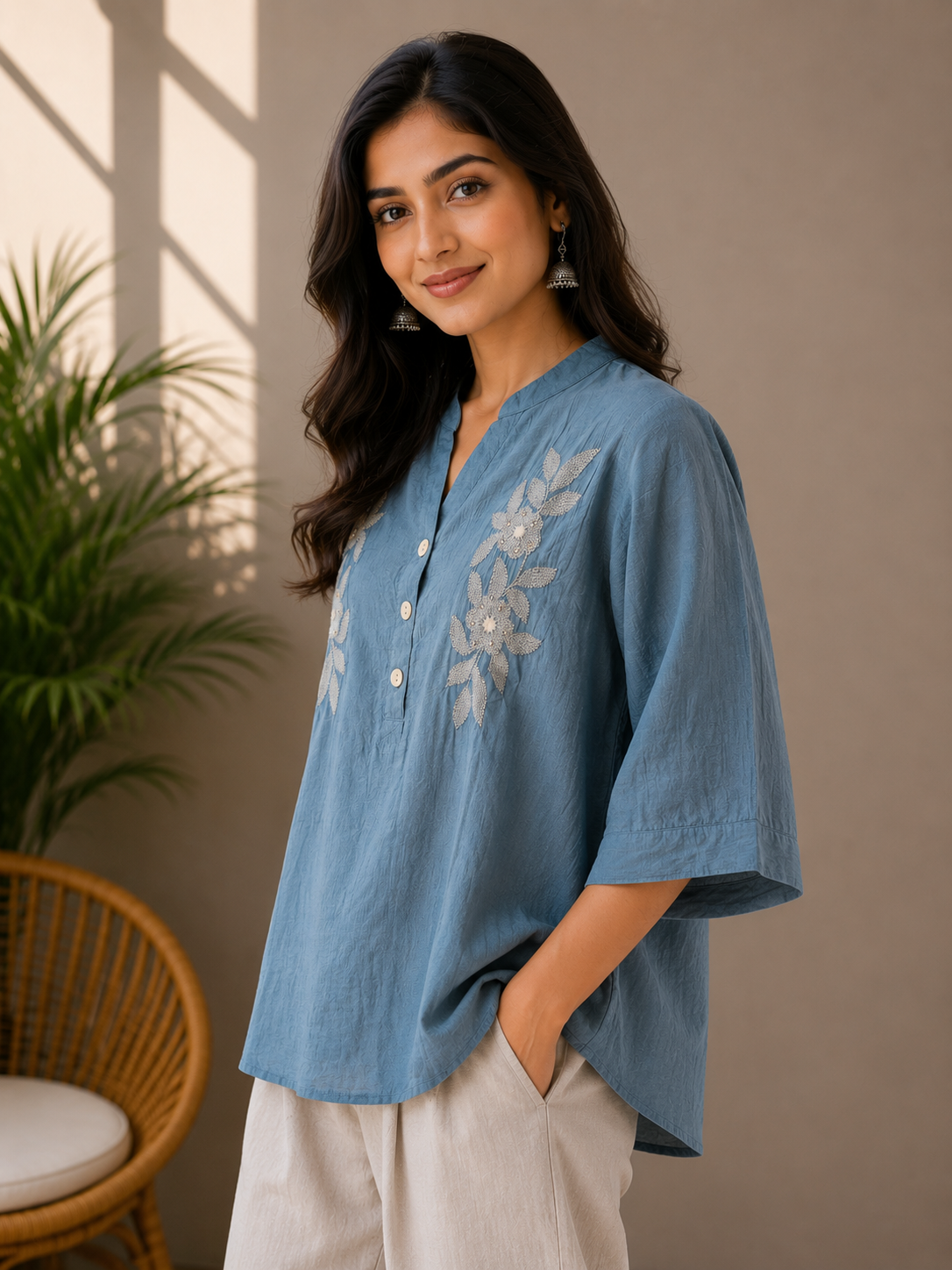 Teal Blue Embroidery Top