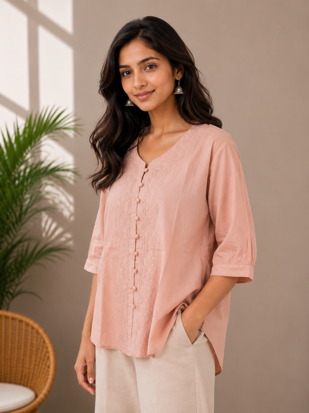 Dusty Pink Self Embroidery Shirt