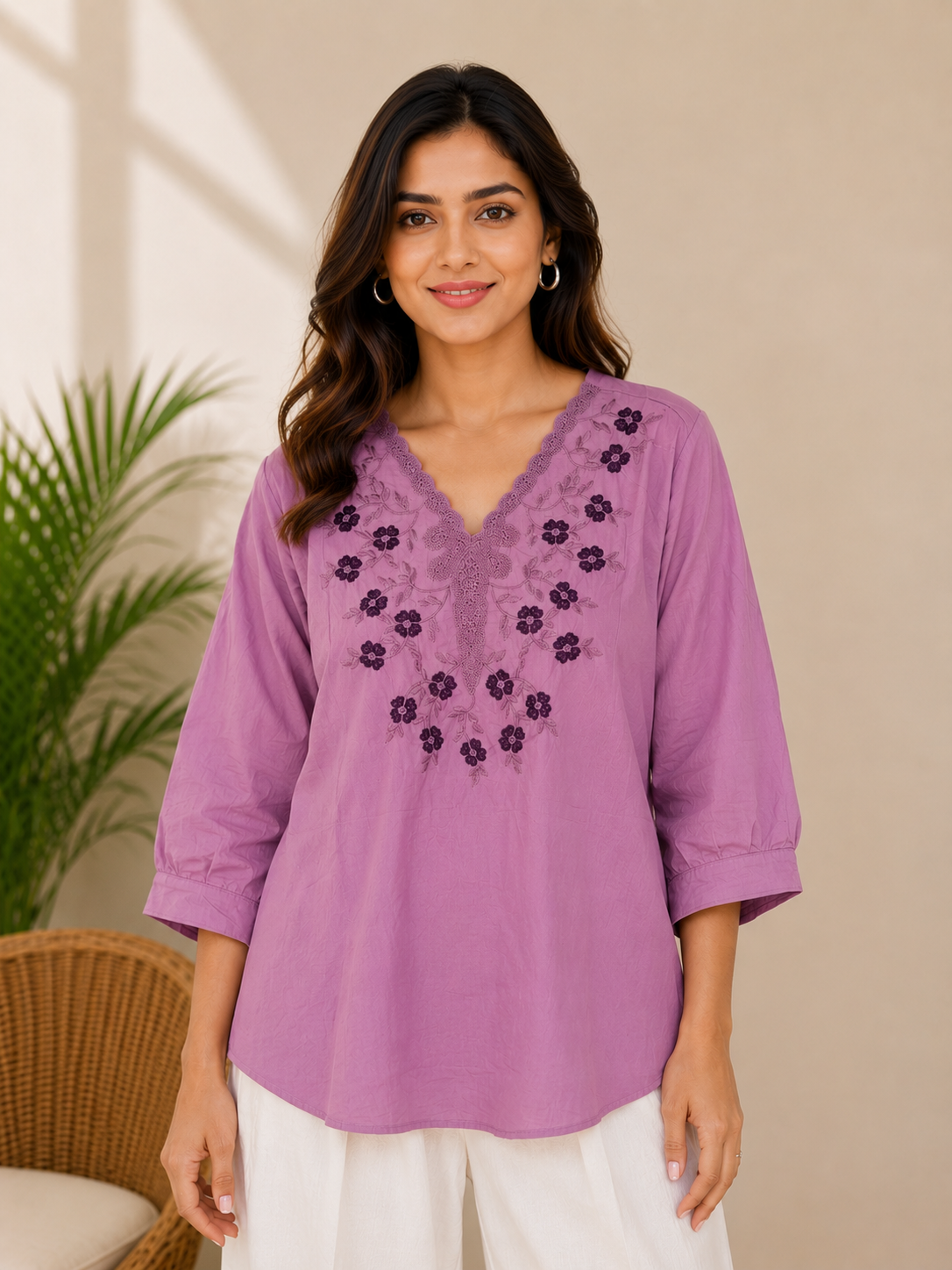 Magenta Flower Embroidery Top