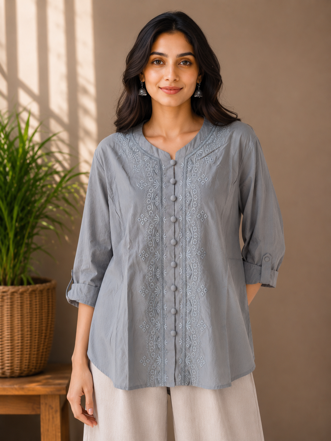 Slate Blue Self Embriodery Shirt