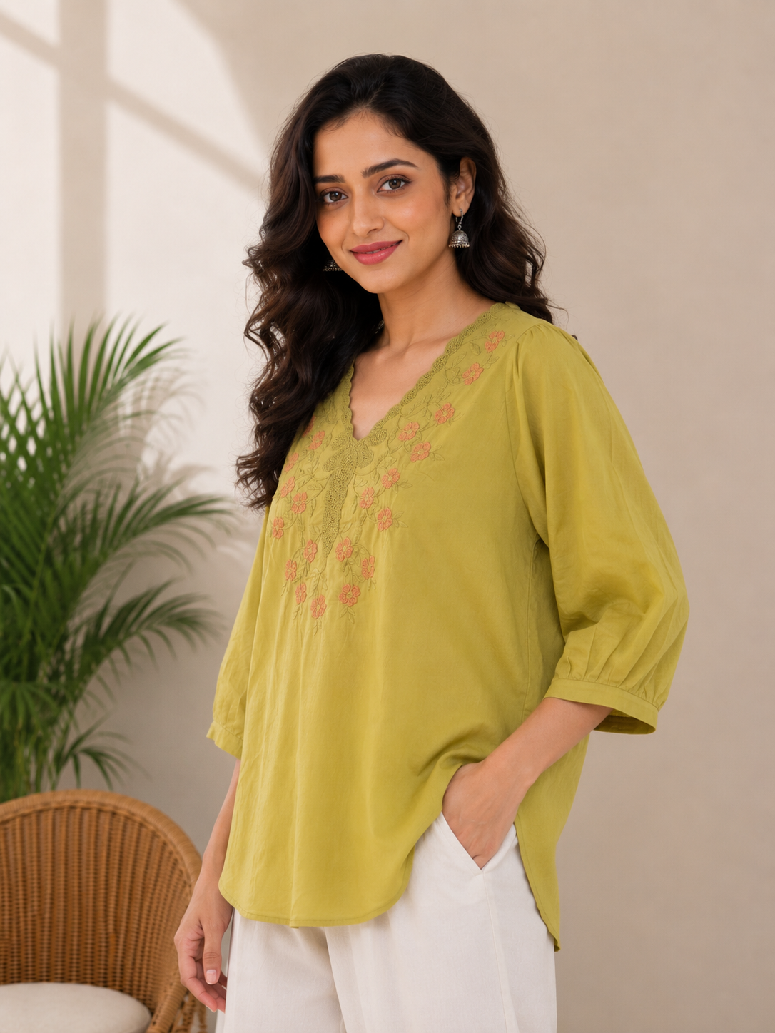 Green Flower Embroidery Top