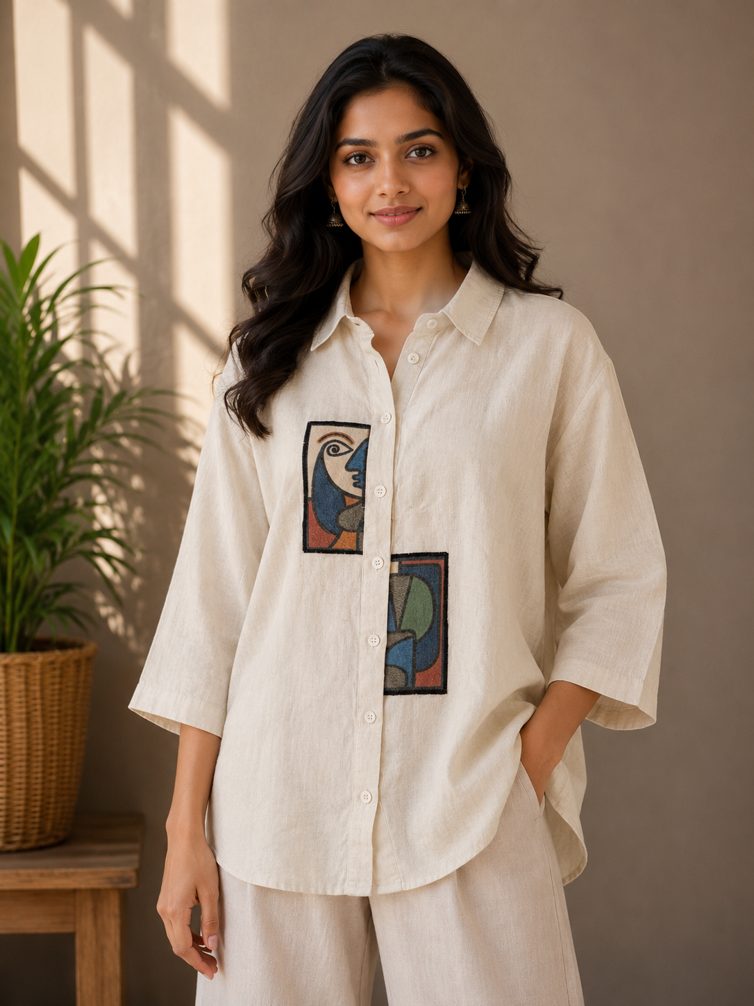 Cream Patch Linen Cotton Shirt