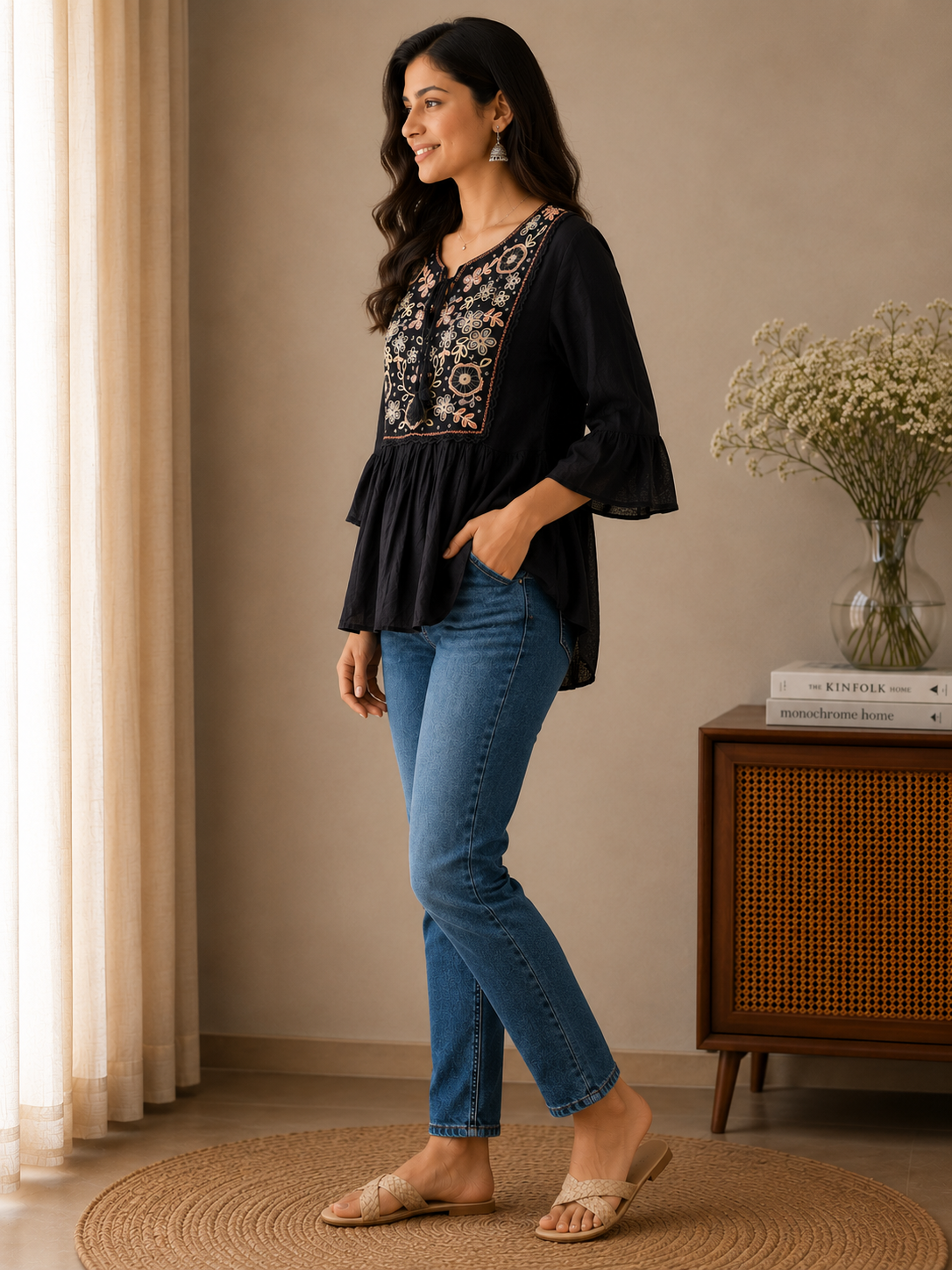 Black Floral Embroidery Top