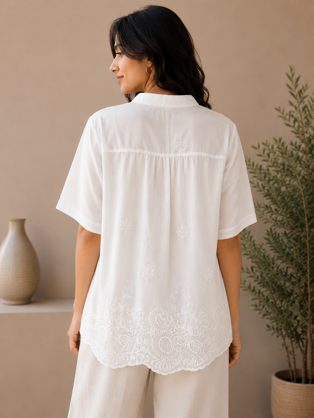 White Strip Top With Floral Embroidery
