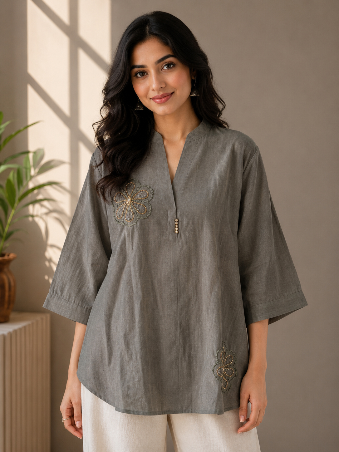 Dusty Olive Pearl Embroidery Top