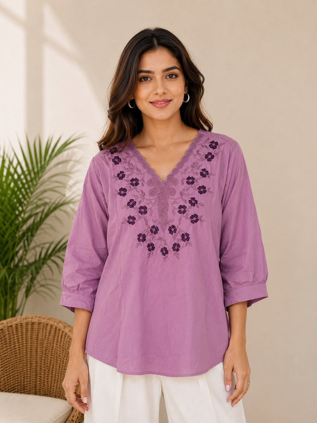 Magenta Flower Embroidery Top