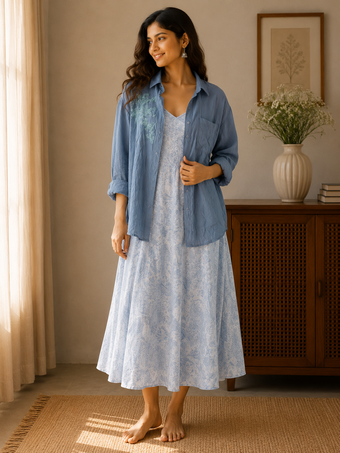 Woman wearing a blue denim jacket over a light blue dress in a home setting.