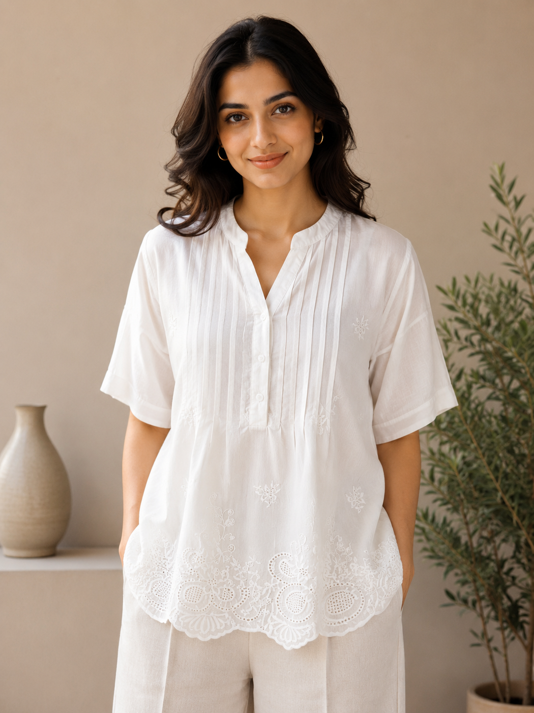White Strip Top With Floral Embroidery
