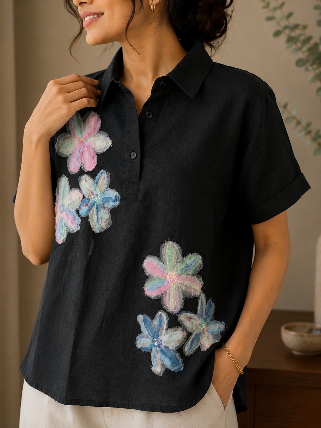 Black Flower Patch Top