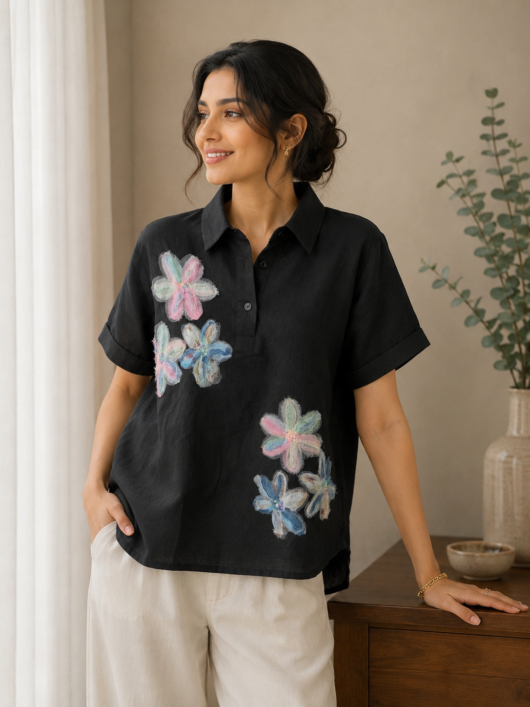 Black Flower Patch Top