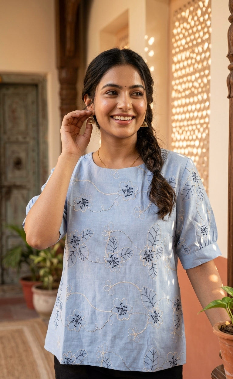 Woman wearing a light blue floral top in an outdoor setting