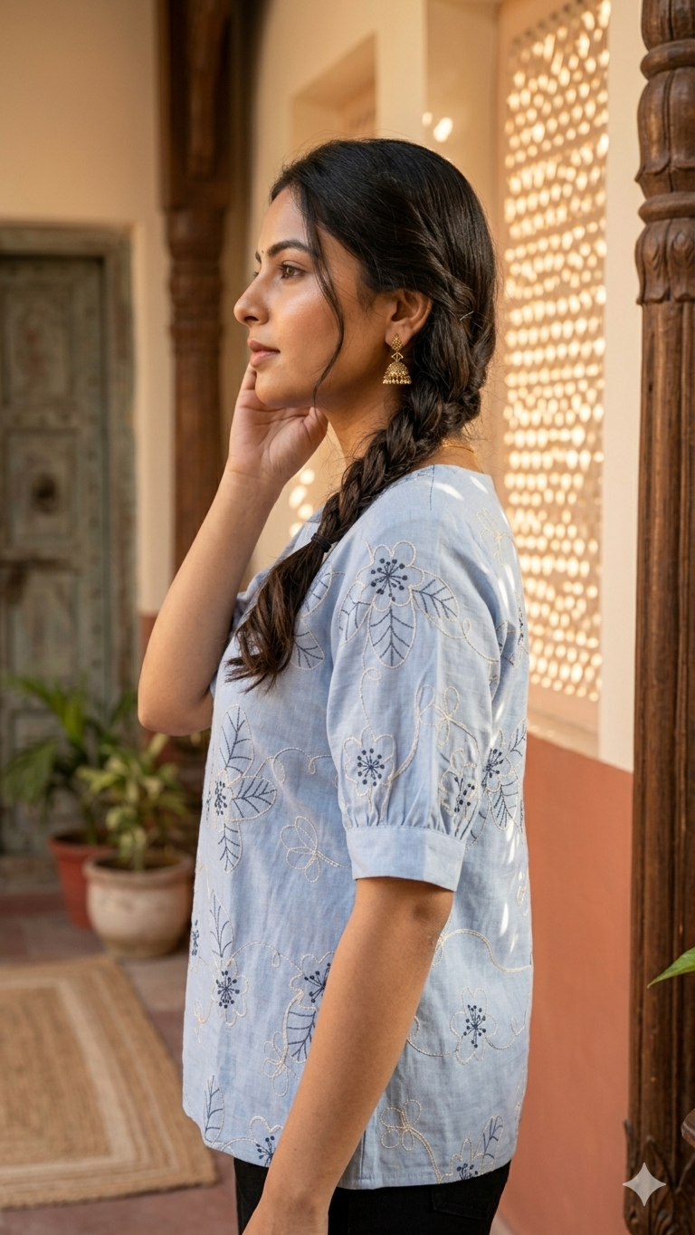 Blue Floral Embroidery Top