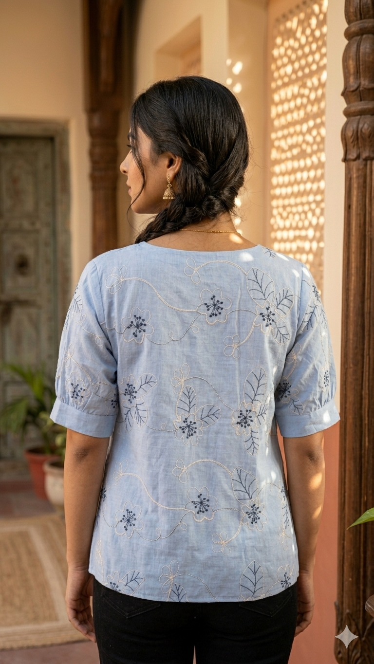 Blue Floral Embroidery Top