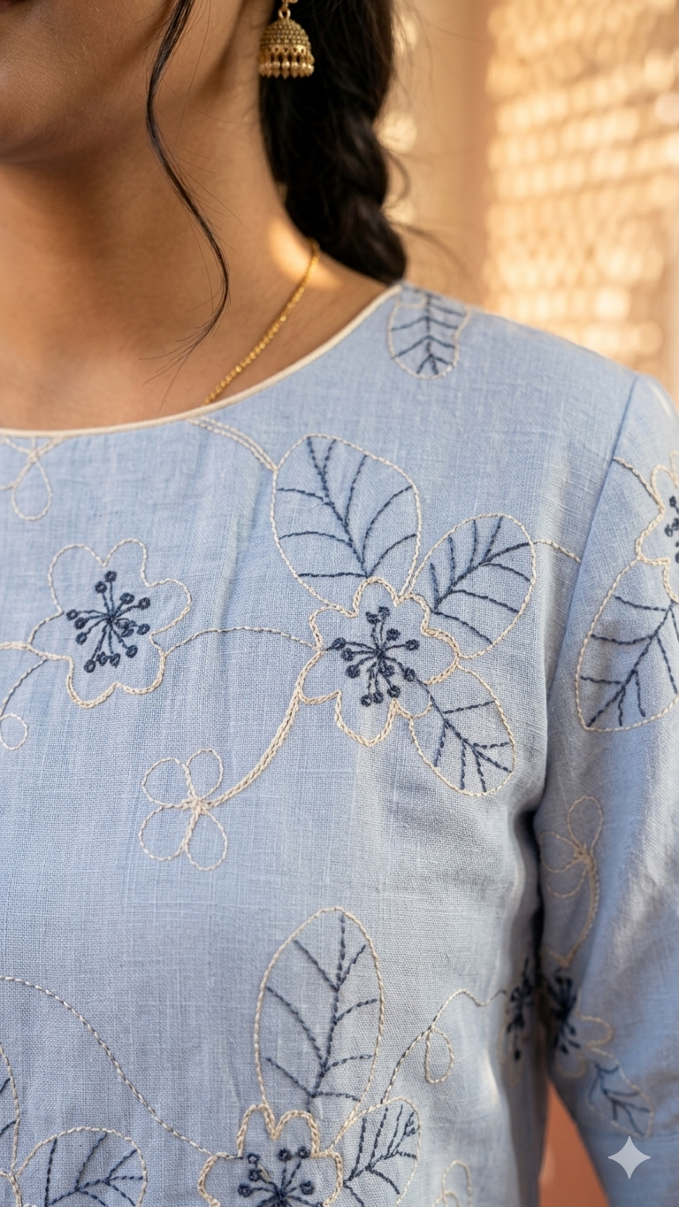 Blue Floral Embroidery Top