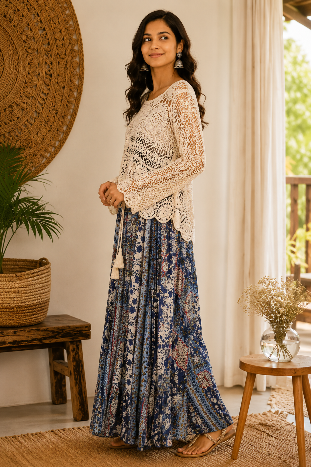 Blue  Floral One Piece With Crochet Top