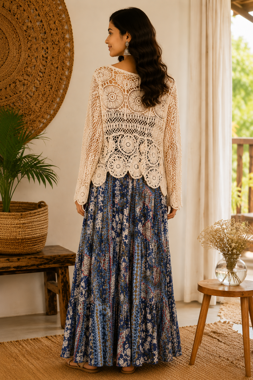 Blue  Floral One Piece With Crochet Top