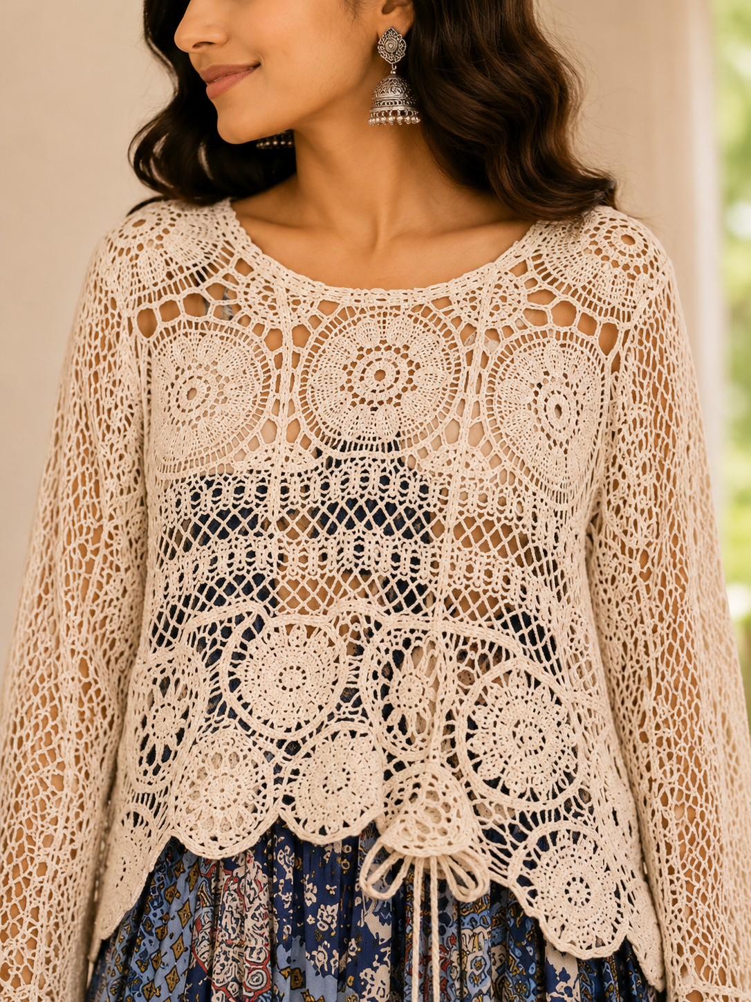 Blue  Floral One Piece With Crochet Top