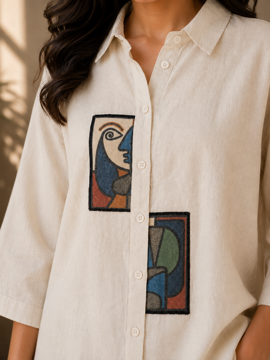 Cream Patch Linen Cotton Shirt
