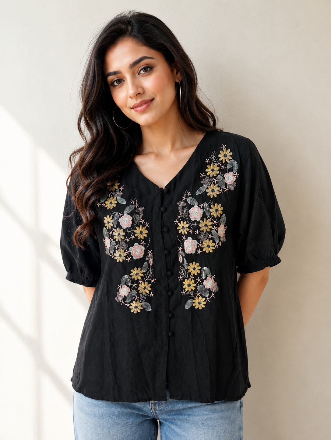 Black Flower Embroidery Top