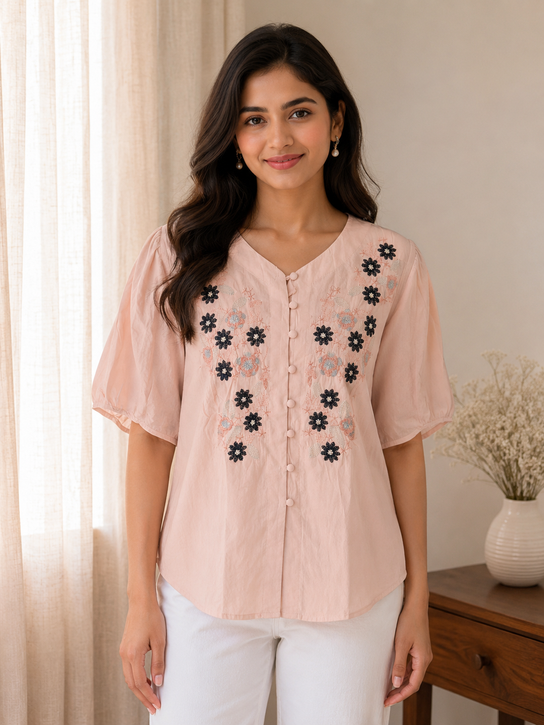 Light Pink Flower Embroidery Top