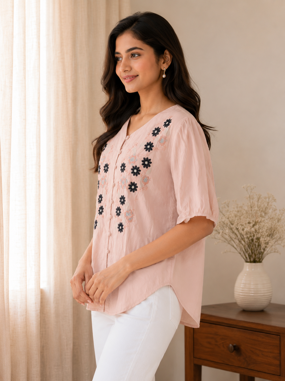 Light Pink Flower Embroidery Top