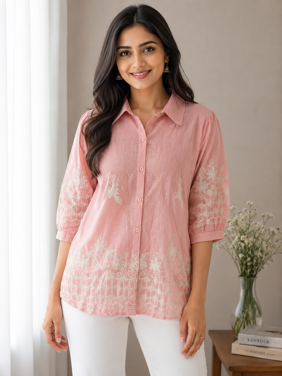 Peach Embroidery Shirt