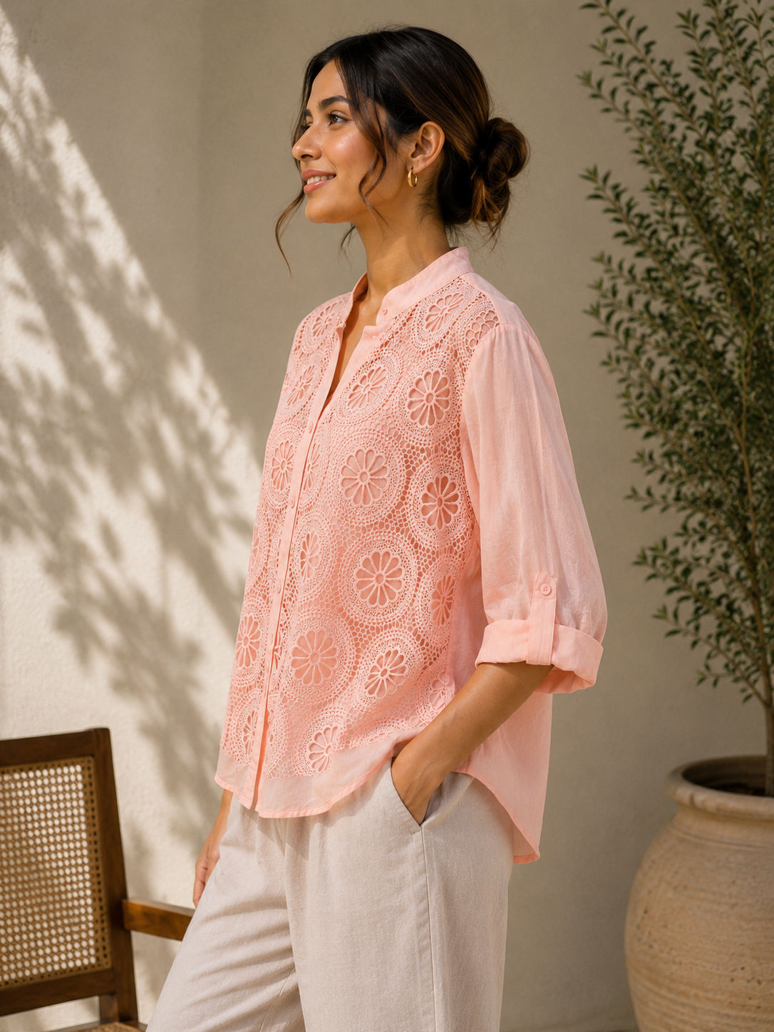 Peach Net Flower Shirt
