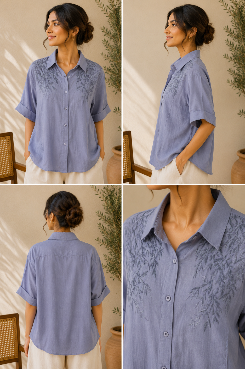 Denim Blue Leaf Embroidery Shirt