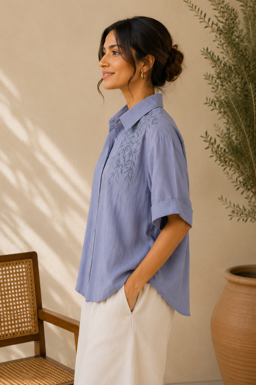 Denim Blue Leaf Embroidery Shirt