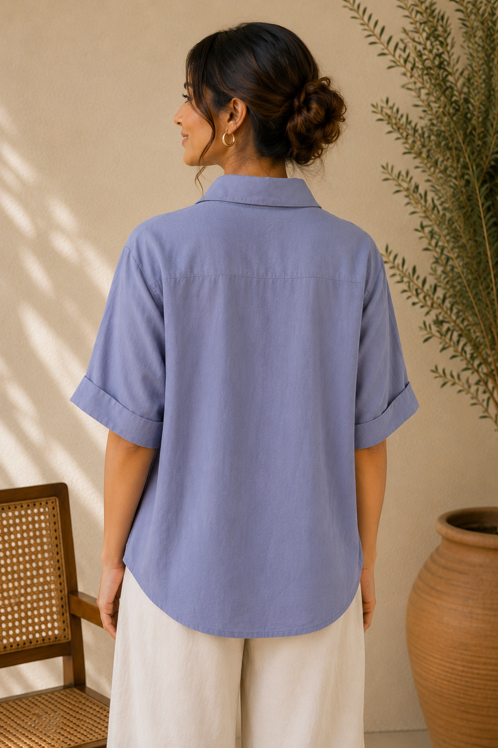 Denim Blue Leaf Embroidery Shirt