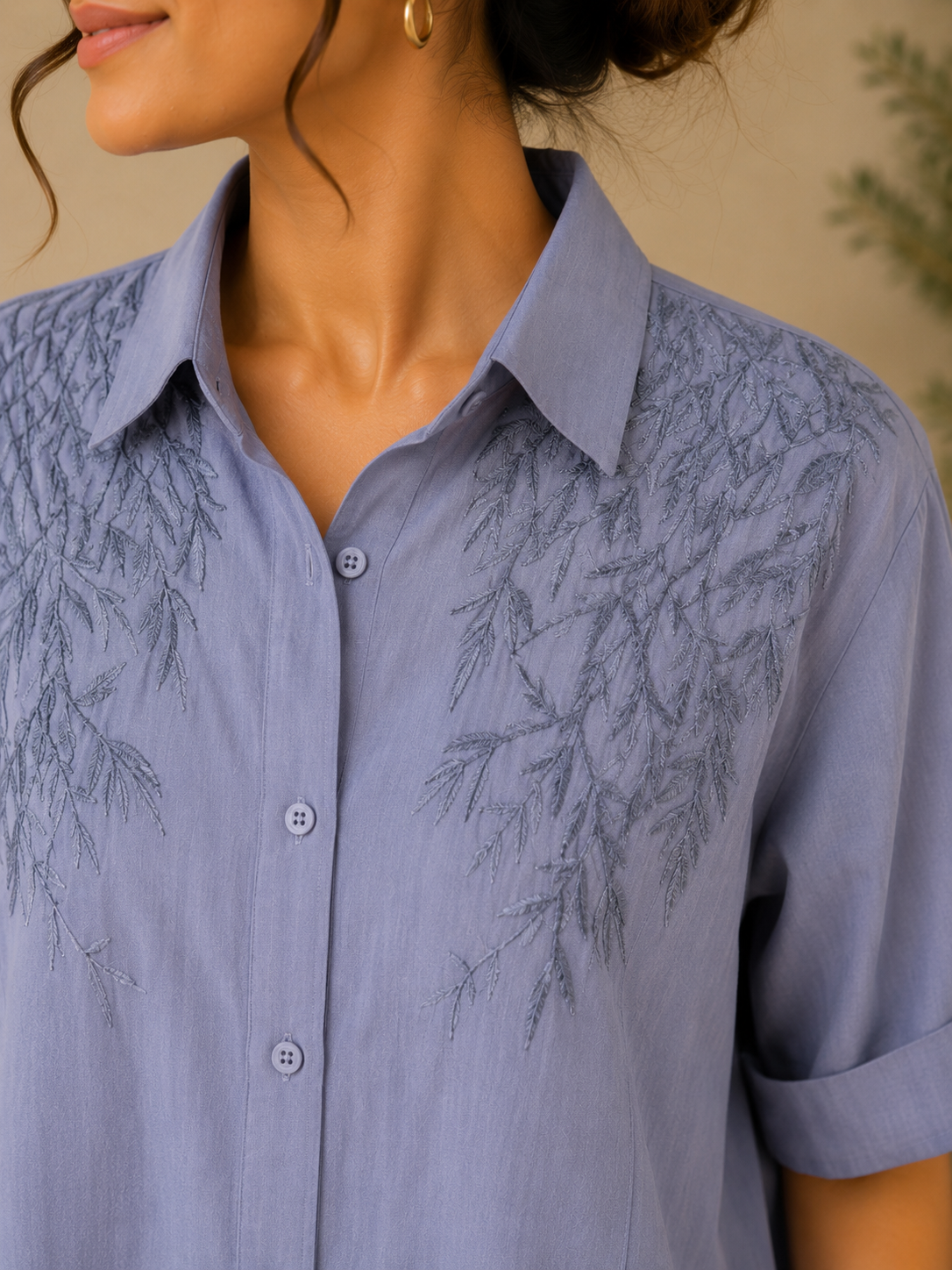 Denim Blue Leaf Embroidery Shirt