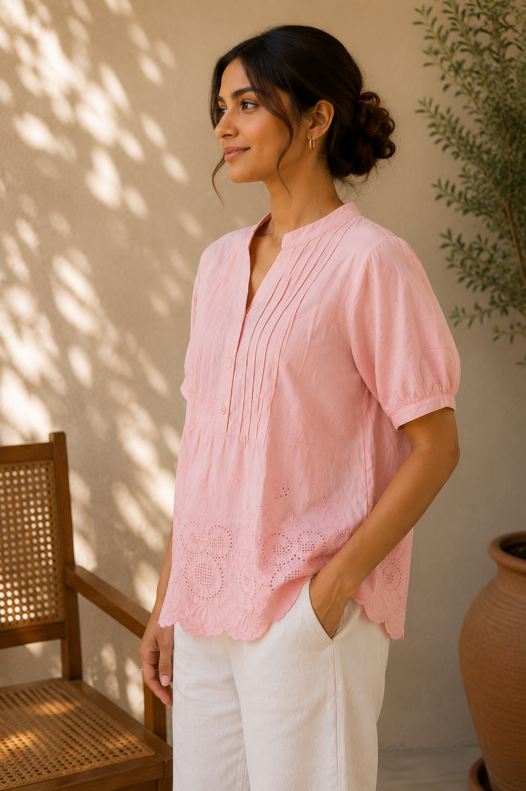 Blush Pink Strip Top with Floral Embroidery