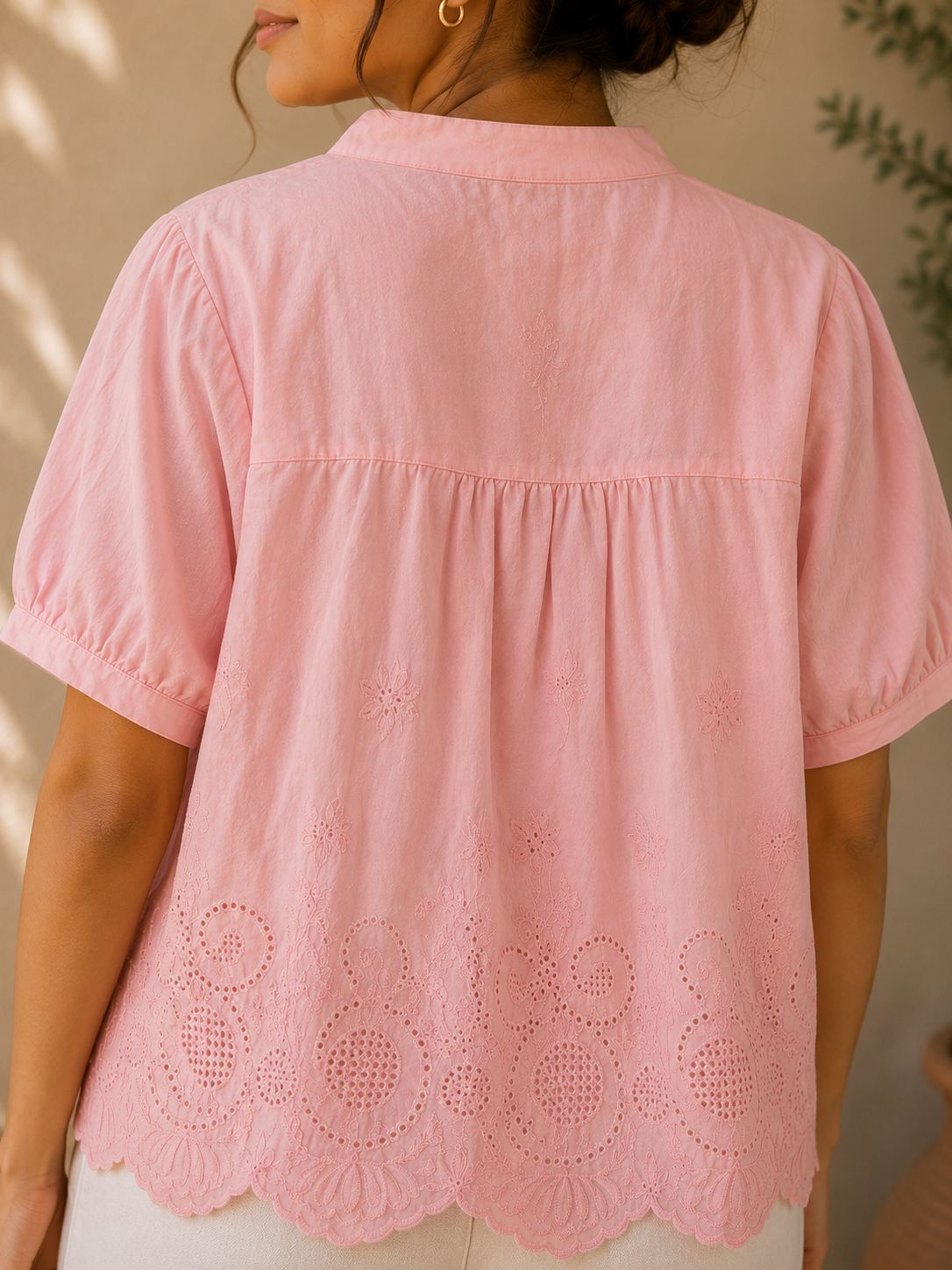 Blush Pink Strip Top with Floral Embroidery