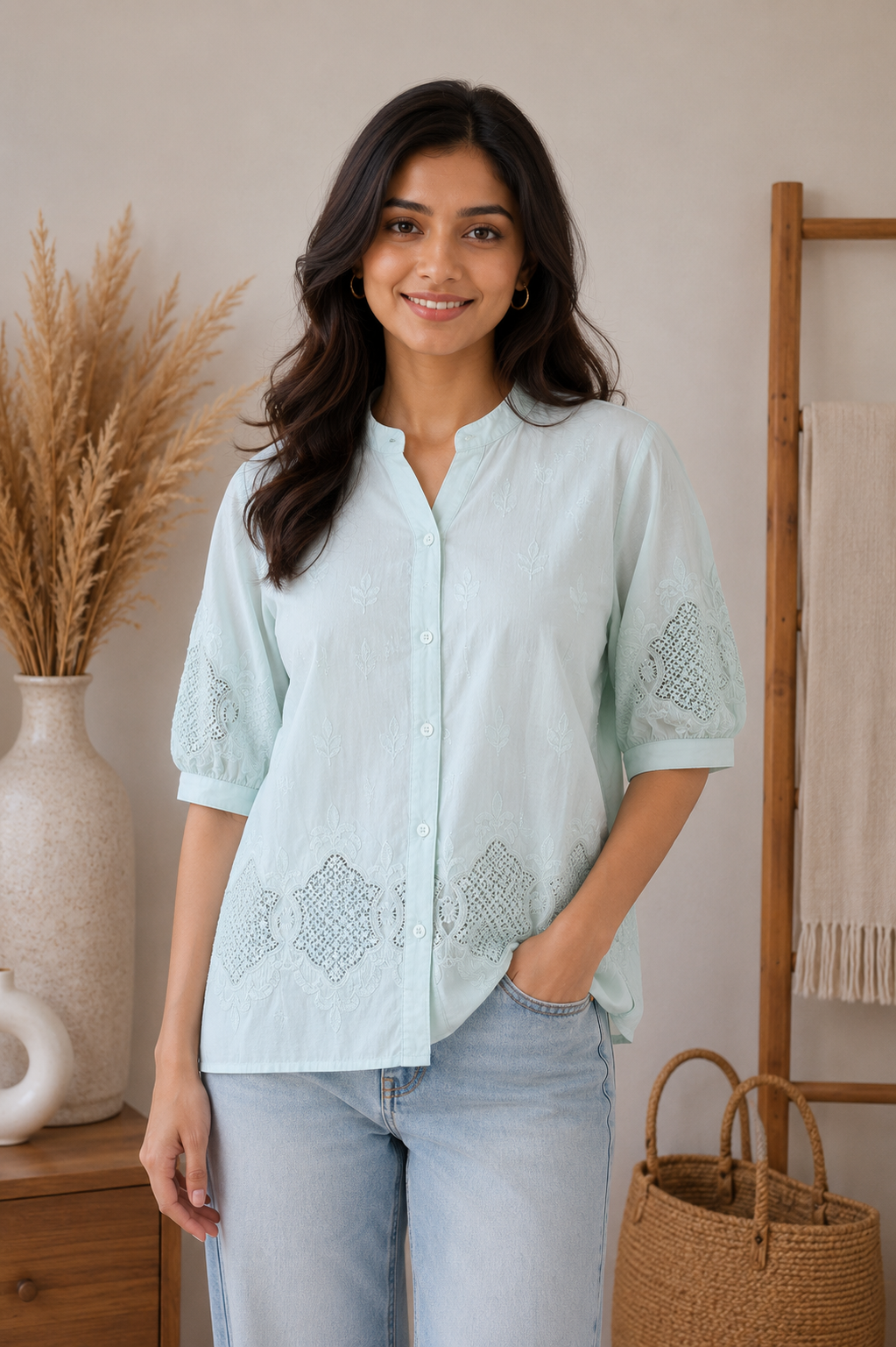 Aqua Blue Embroidery Shirt
